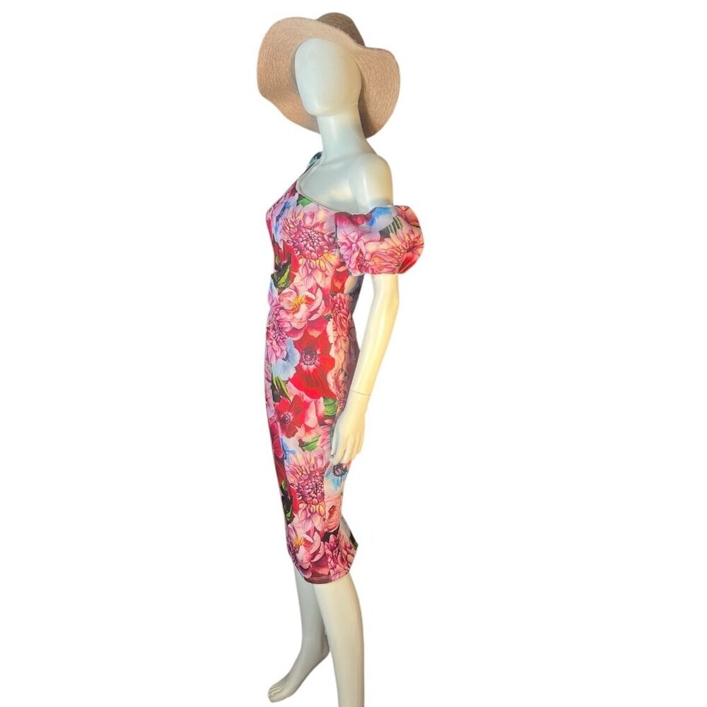 ASOS asymmetrical puff sleeve floral neoprene dress exaggerated hips sz 6 - Picture 4 of 10